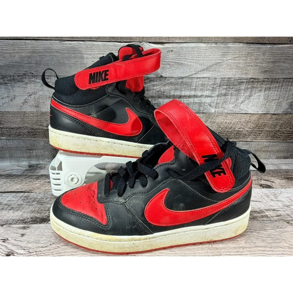 Nike Boys Court Borough Mid 2 GS CD7782-003 Black Red White Sneaker Shoes Sz 6Y